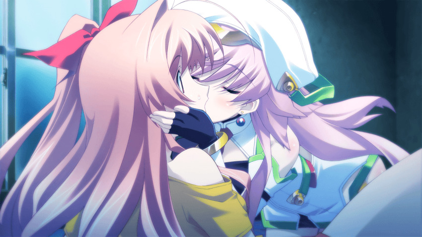 2girls ass_blush bandeau bare_hips beads bent_over black_bandeau black_gloves blush bow bracelet breast_cutout breasts casual chaos;head chaos;head_love_chu_chu! closed_eyes costume detached_sleeves earrings fingerless_gloves french_kiss game_cg gloves gold_hairband hair_bow hairband hand_on_another&#039;s_cheek hand_on_another&#039;s_face hat high_collar jewelry kiss kneeling large_breasts leaning_forward leotard long_hair looking_at_another magical_girl matsuo_yukihiro medium_breasts moonlight multiple_girls necktie nervous_sweating non-web_source off_shoulder official_art one_side_up pink_eyes pink_hair red_bow red_necktie red_shorts sakihata_rimi seira_orgel shiny_skin shirt short_sleeves shorts side_ponytail single_bare_shoulder sitting spread_legs surprised sweat sweatdrop thick_thighs thighs white_hat white_leotard window yellow_shirt yuri