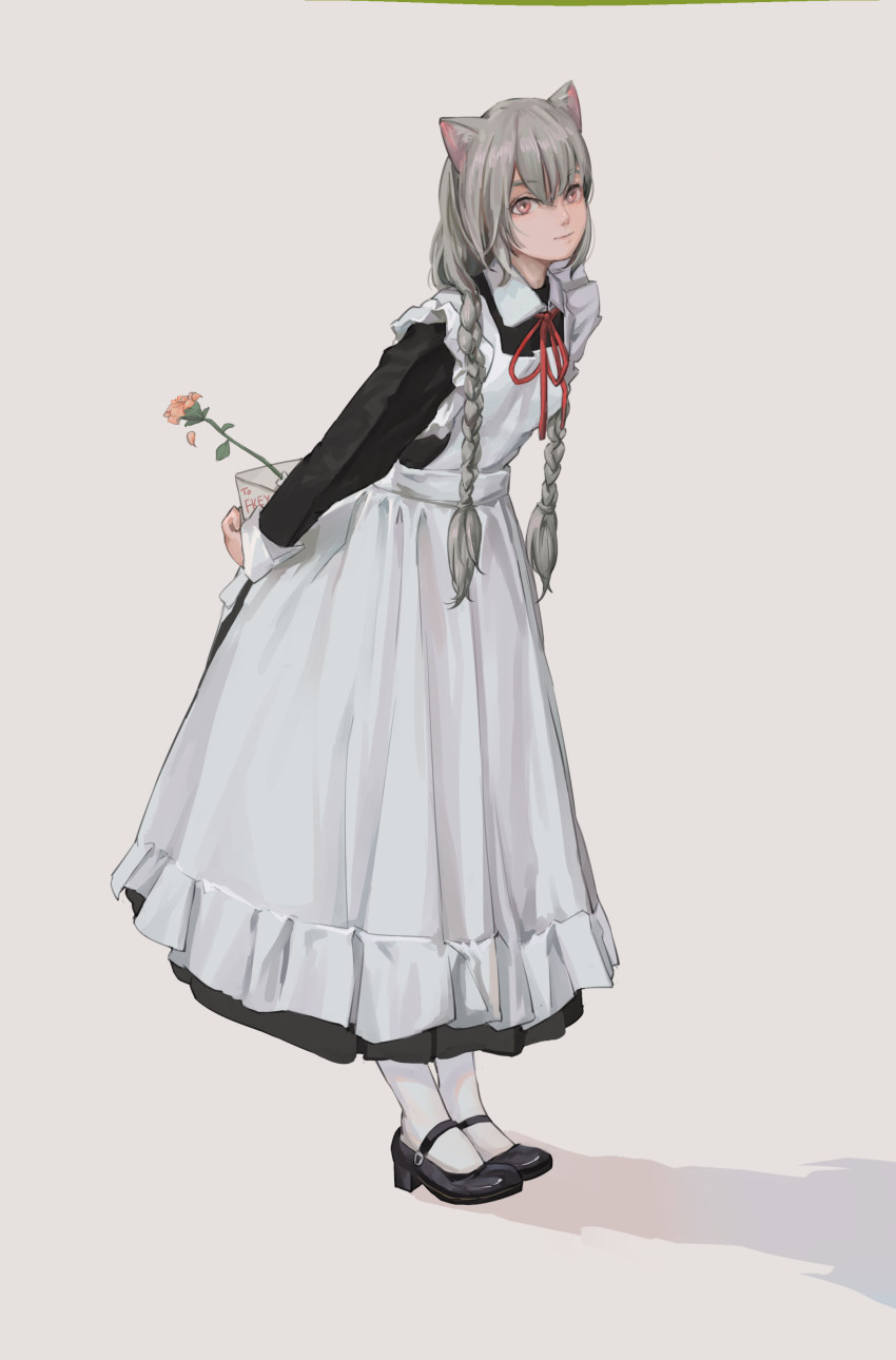 1girl absurdres alternate_costume animal_ears apron bent_over blonde_hair borrowed_character braid cat_ears dress enmaided feiqizi_(fkey) flat_chest grey_hair highres kuweichuanxin_jr maid maid_apron maid_headdress original pantyhose shoes simple_background solo standing twin_braids twintails white_pantyhose