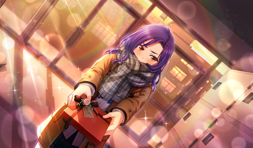 1girl averting_eyes blue_necktie blurry box brown_coat cinderella_series coat cowboy_shot depth_of_field dutch_angle ear_piercing film_grain game_cg getabako gift gift_box grey_scarf grey_skirt hachigatsu_no_cinderella_nine hair_down highres incoming_gift indoors izumida_kyouka lens_flare light_particles long_hair long_sleeves neck_ribbon necktie non-web_source official_alternate_hairstyle official_art open_clothes open_coat orange_eyes piercing plaid_clothes plaid_scarf plaid_skirt purple_hair reaching reaching_towards_viewer ribbon scarf school school_uniform shirt shy skirt solo sparkle standing valentine white_shirt