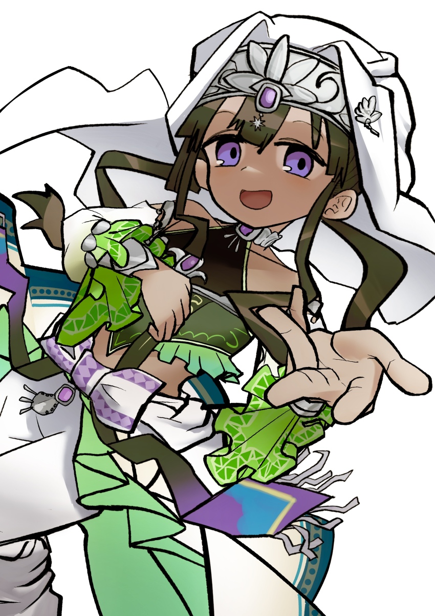 1girl absurdres arabian_clothes dark-skinned_female dark_skin dunyazad_(grimms_notes) grimms_notes highres looking_at_viewer open_mouth pesoname purple_eyes simple_background smile solo white_background