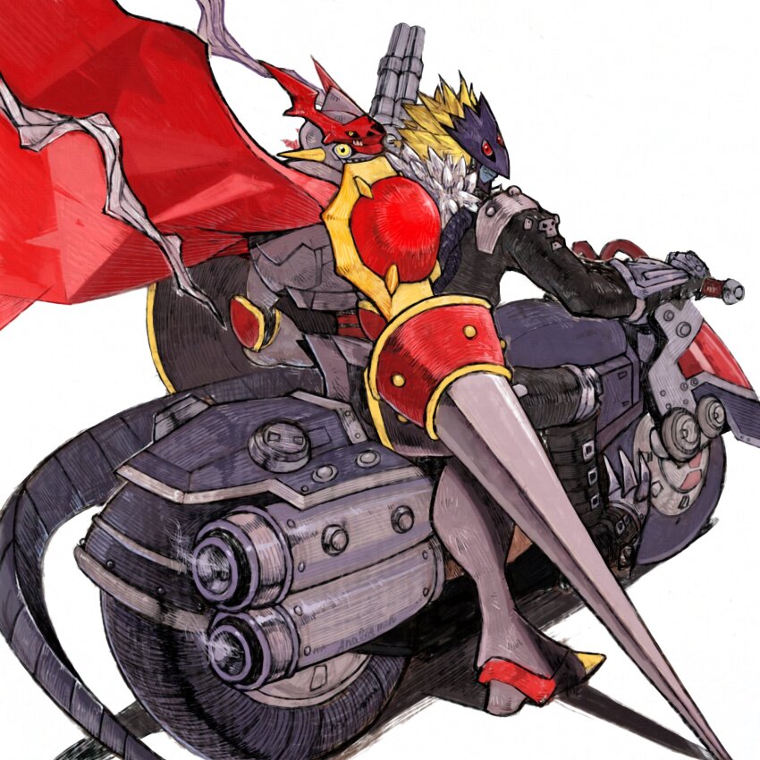 2boys analog_boy02 armor beelzebumon black_jacket black_pants blonde_hair cape cropped_jacket demon digimon digimon_(creature) digimon_tamers dukemon eye_mask from_behind full_body fur-trimmed_jacket fur_trim gun highres holding holding_gun holding_polearm holding_weapon jacket knight looking_at_viewer looking_back male_focus motor_vehicle motorcycle multiple_boys pants polearm red_cape red_eyes riding short_hair shoulder_armor simple_background spiked_hair tail third_eye weapon white_armor white_background yellow_eyes