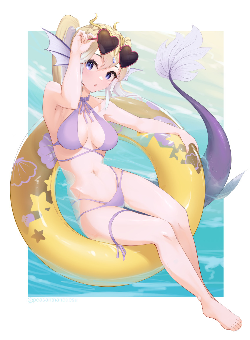 absurdres bare_shoulders bikini blonde_hair breasts character_request copyright_request donut_innertube fins fish_tail glasses head_fins highres inflatable_toy long_hair looking_at_viewer medium_breasts navel ocean peesh_san ponytail purple_bikini purple_eyes stomach swimsuit tail thigh_gap thigh_strap turtleneck_bikini_top