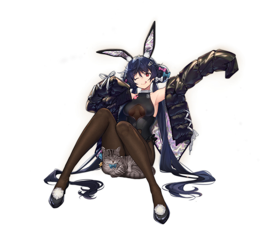 1girl ;q allen_m._sumner_(azur_lane) allen_m._sumner_(charming_rabbit)_(azur_lane) animal animal_ears armpits arms_up ass azur_lane bare_shoulders black_hair black_jacket black_leotard black_shoes braid braided_bun breasts brown_pantyhose cat closed_mouth clothing_cutout double_bun fake_animal_ears hair_bun highres jacket knees_up leotard long_hair long_sleeves looking_at_viewer medium_breasts nagu off_shoulder official_art on_floor one_eye_closed open_clothes open_jacket pantyhose playboy_bunny rabbit_ears shoes sitting smile solo tongue tongue_out transparent_background twintails underboob_cutout very_long_hair