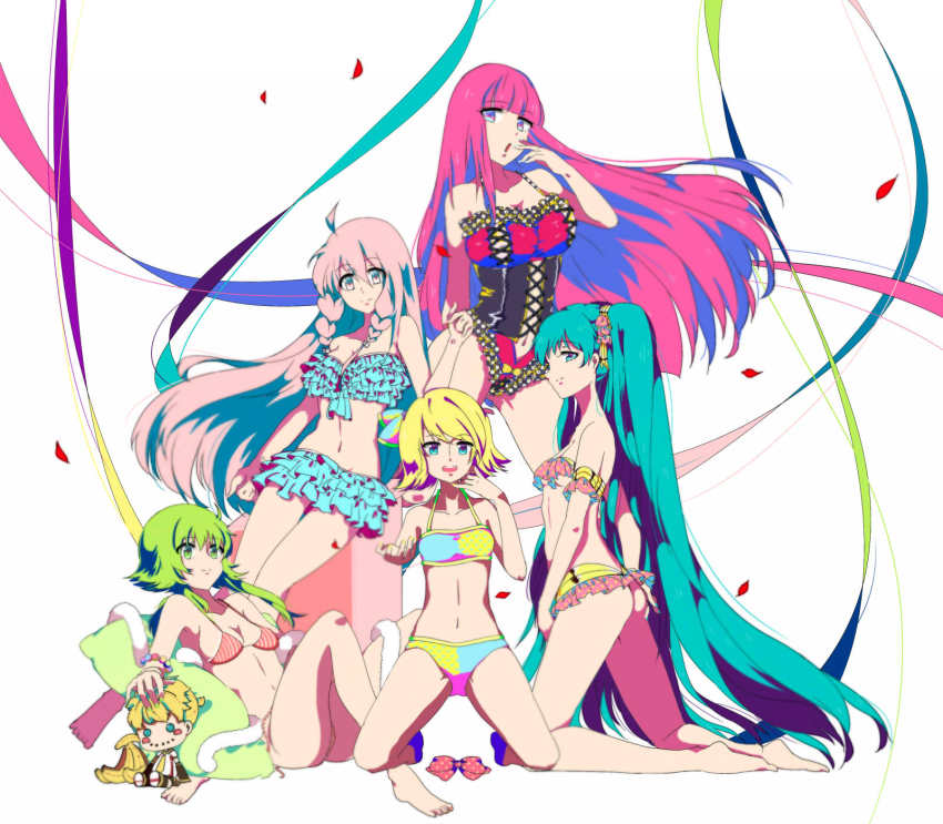 5girls ahoge anime_coloring bikini blonde_hair blue_eyes blue_hair bow breasts cleavage corset female_focus green_eyes green_hair gumi hand_on_ass hatsune_miku highres ia_(vocaloid) ifuudoudou_(vocaloid) kagamine_len kagamine_rin kneeling large_breasts long_hair megurine_luka multiple_girls navel pianzu_mao pillow pink_eyes pink_hair reclining short_hair small_breasts standing swimsuit underboob very_long_hair vocaloid