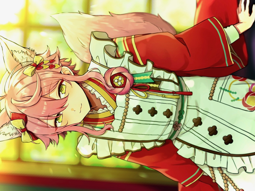 1boy :3 androgynous animal_ears arms_at_sides blurry blurry_background c54chu0113 closed_mouth cowboy_shot ensemble_stars! fox_boy fox_ears highres himemiya_tori himemiya_tori_(koikoi_love_cafe) indoors kemonomimi_mode koi_koi_cafe_(ensemble_stars!) looking_at_viewer male_focus pink_hair sideways solo