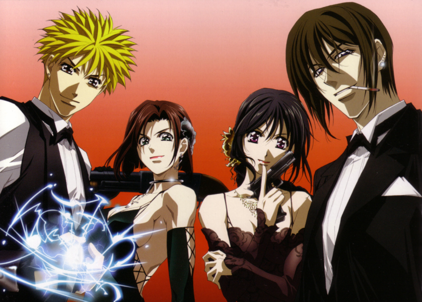 2boys 2girls amano_ginji blonde_hair breasts cigarette crossover earrings getbackers gun jewelry kobayakawa_miyuki midou_ban multiple_boys multiple_girls nakajima_atsuko necklace sideboob taiho_shichauzo tsujimoto_natsumi tuxedo weapon