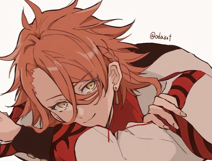 1boy antenna_hair closed_mouth earrings fire_emblem fire_emblem_engage gold_earrings highres jewelry messy_hair nintendo oda32t orange_hair pandreo_(fire_emblem) red_trim robe smile solo white_robe yellow_eyes