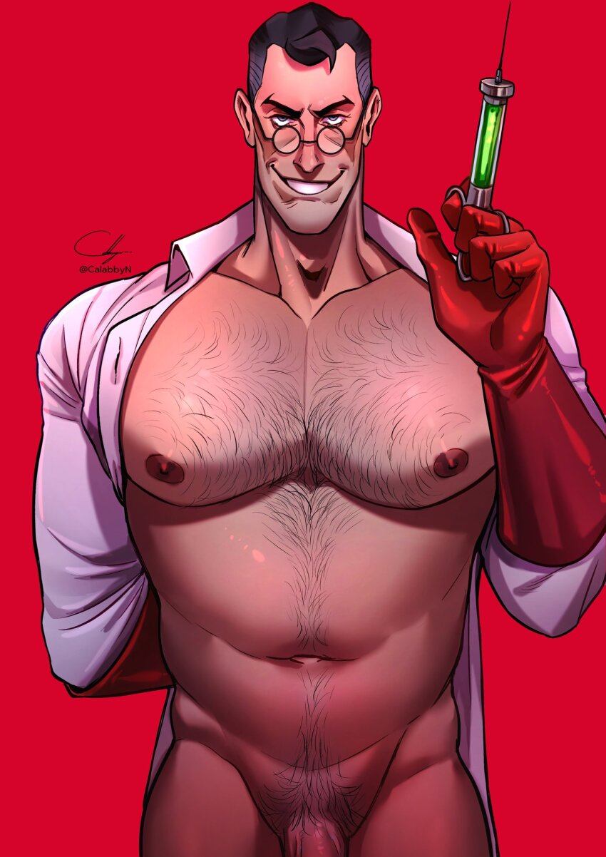 1boy arm_behind_back bara bare_pectorals black_hair blue_eyes cabbage_(ncalabby) chest_hair coat collarbone collared_coat cropped_legs elbow_gloves evil_grin evil_smile facing_viewer flaccid glasses gloves grin hand_up highres holding holding_syringe huge_pectorals lab_coat large_pectorals looking_at_viewer male_focus male_pubic_hair mature_male medic_(tf2) muscular muscular_male navel navel_hair nipples open_clothes open_coat out-of-frame_censoring pectoral_focus pectorals penis penis_peek pubic_hair red_background red_gloves red_medic_(tf2) rubber_gloves shirtless_male short_hair signature simple_background smile solo stomach_hair syringe team_fortress_2 textless_version white_coat
