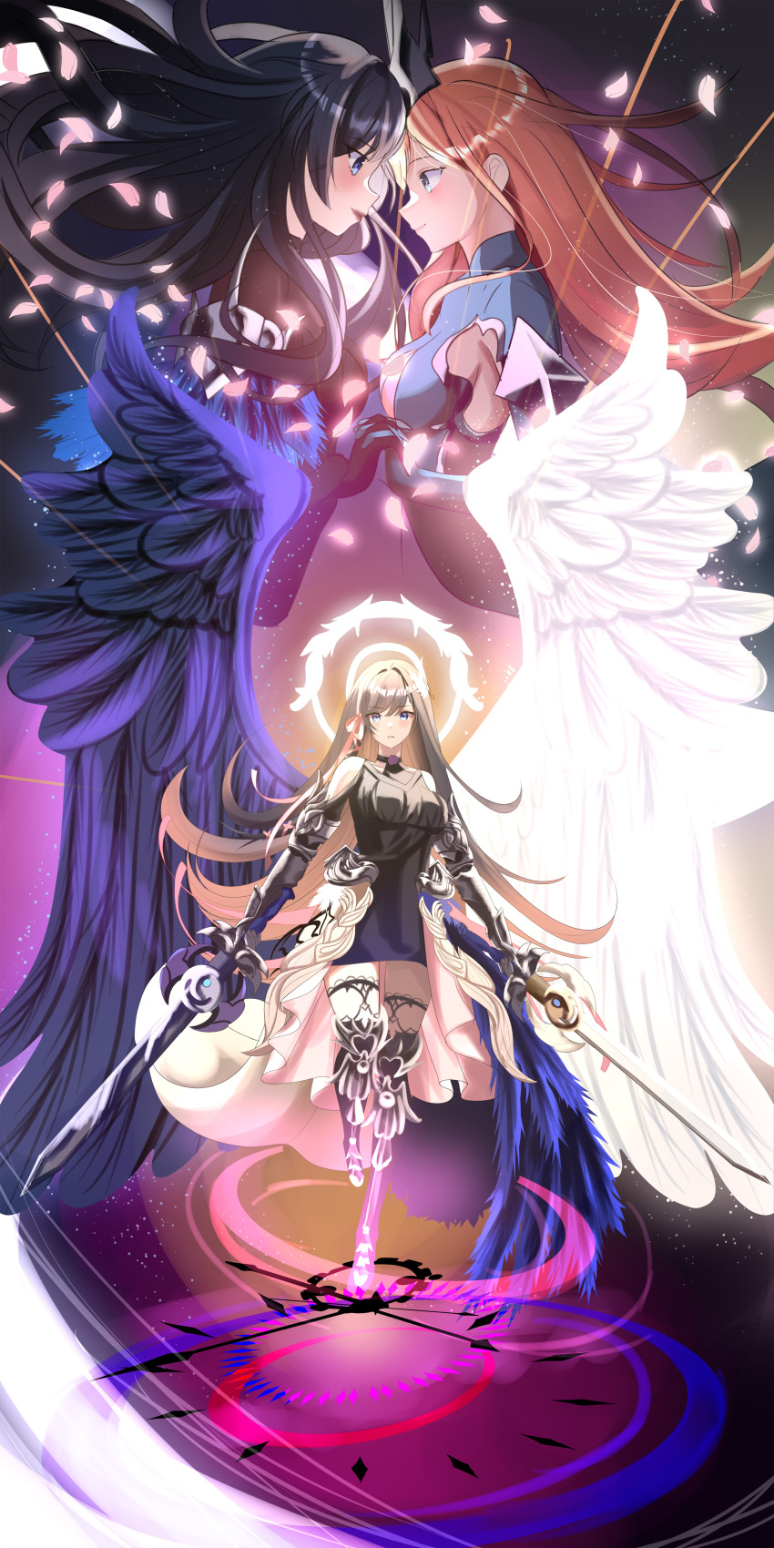 3girls absurdres asymmetrical_wings black_dress black_feathers black_hair brown_hair cherry_blossoms corruption dark_persona dress dual_wielding feathered_wings feathers final_fantasy final_fantasy_xiv fusion gaia_(ff14) glowing halo highres holding holding_hands holding_sword holding_weapon interlocked_fingers long_hair looking_at_viewer mitron_(ff14) mmomentliveart multicolored_hair multiple_girls pandora_(ff14) possessed possession ryne_waters square_enix sword very_long_hair weapon white_feathers wings yuri