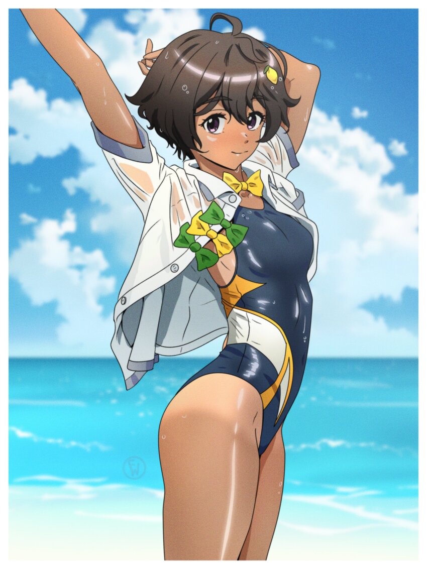 1girl absurdres ahoge arms_up beach black_hair border bow bowtie breasts closed_mouth collared_shirt commentary competition_swimsuit covered_navel day english_commentary food-themed_hair_ornament fritz_willie green_bow green_bowtie groin hair_ornament highleg highleg_one-piece_swimsuit highres horizon lemon_hair_ornament looking_at_viewer make_heroine_ga_oo_sugiru! ocean one-piece_swimsuit open_clothes open_shirt outdoors photo-referenced purple_eyes shirt short_hair short_sleeves sky small_breasts solo standing swimsuit tan tanline thighs wet white_border white_shirt yakishio_lemon yellow_bow yellow_bowtie