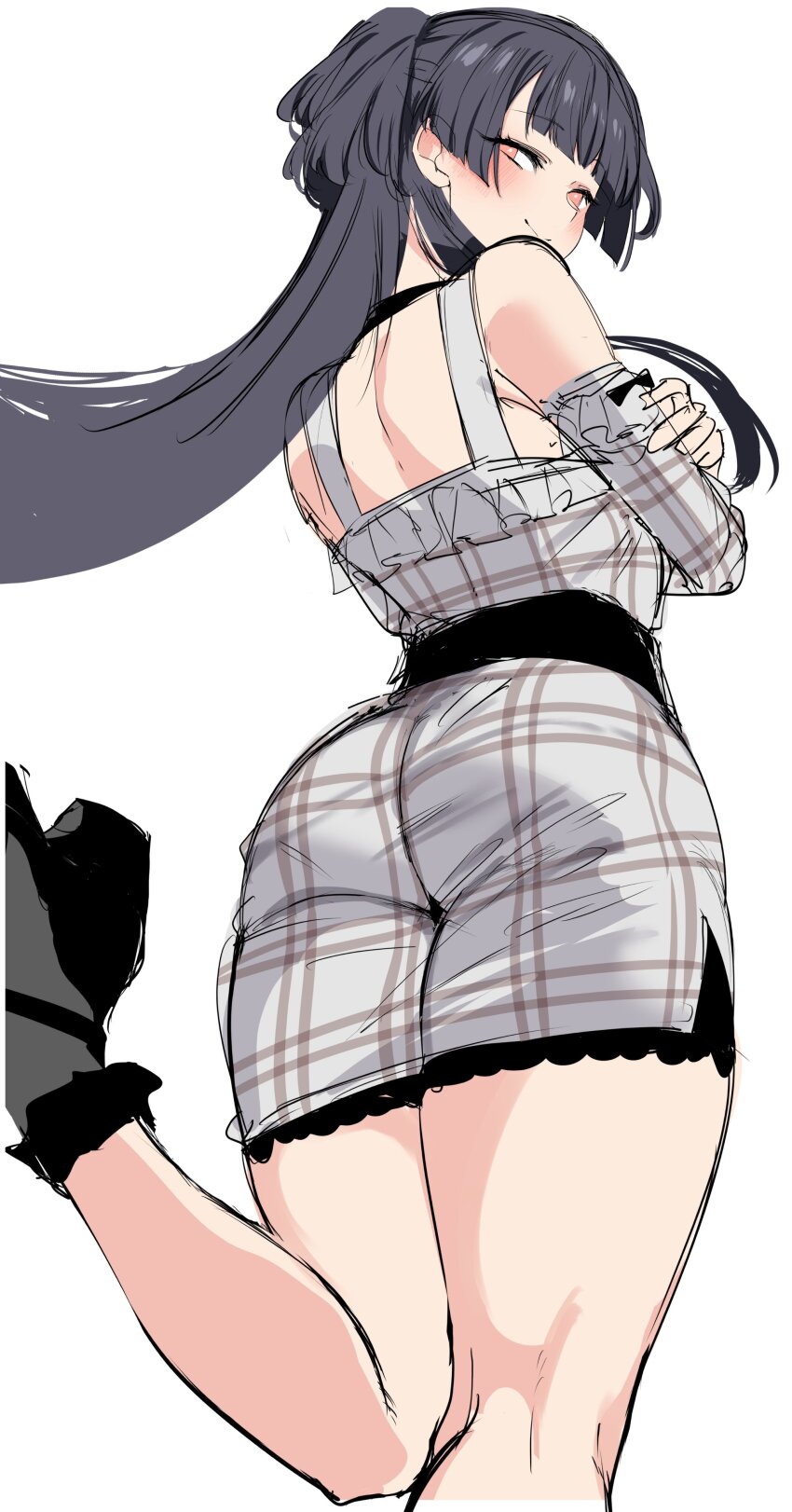 1girl absurdres agetama ass back bare_shoulders black_hair blunt_bangs blush breasts brown_eyes highres idolmaster idolmaster_shiny_colors large_breasts long_hair long_sleeves looking_at_viewer looking_back mayuzumi_fuyuko smile solo two_side_up