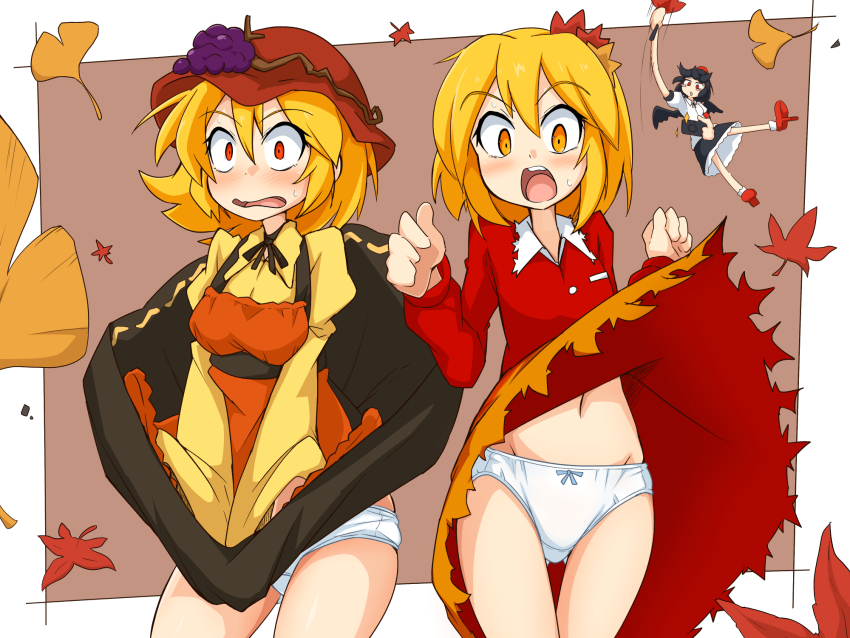 3girls :o :s aki_minoriko aki_shizuha apron azi_hune bird_girl bird_wings black_hair black_ribbon black_sash black_skirt blue_bow blush blush_stickers border bow bow_panties brown_background camera chibi chibi_inset clenched_hands clothes_lift collar commentary_request constricted_pupils covering_privates cowboy_shot double-parted_bangs embarrassed falling_leaves floating_clothes floating_hair frilled_skirt frills geta grape_hat_ornament hair_between_eyes hat hauchiwa highres holding holding_camera leaf long_sleeves maple_leaf maple_leaf_hair_ornament mob_cap multiple_girls neck_ribbon open_mouth orange_eyes orange_hair panties pantyshot puffy_short_sleeves puffy_sleeves red_apron red_eyes red_hair red_hat red_shirt red_shoes ribbon sash shameimaru_aya shirt shoes short_hair short_sleeves simple_background skirt skirt_flip skirt_lift socks sparkle surprised swinging_weapon teeth tengu-geta tokin_hat touhou underwear upper_teeth_only white_border white_collar white_panties white_shirt white_socks wings yellow_shirt yellow_skirt yellow_trim