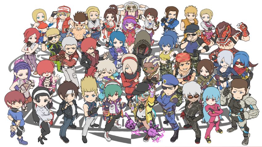 6+boys 6+girls andy_bogard angel_(kof) antonov_(kof) asamiya_athena ash_crimson black_hair blonde_hair blue_eyes blue_hair blue_mary breasts brown_hair chris_(kof) clark_still cleavage dolores_(kof) elisabeth_blanctorche eyepatch fatal_fury glasses gloves green_hair hair_over_eyes hair_over_one_eye hat heidern highres isla_(kof) joe_higashi k&#039;_(kof) k9999 kagura_chizuru king_(snk) king_of_dinosaurs krohnen kukri_(kof) kula_diamond kusanagi_kyou leona_heidern luong matching_hair/eyes maxima meitenkun midriff mature_female multiple_boys multiple_girls nanakase_yashiro navel nikaidou_benimaru purple_eyes purple_hair ralf_jones ramon_(kof) red_eyes red_hair robert_garcia ryou_sakazaki ryuuko_no_ken shermie_(kof) shiranui_mai shun&#039;ei snk terry_bogard the_king_of_fighters the_king_of_fighters_xv vanessa_(kof) whip_(kof) yagami_iori yuri_sakazaki