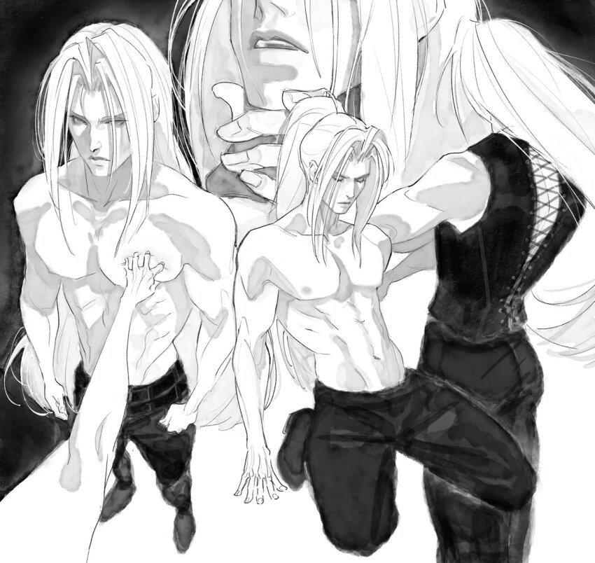 1boy abs closed_eyes closed_mouth commentary cross-laced_clothes english_commentary final_fantasy final_fantasy_vii greyscale groin hair_up hand_on_another&#039;s_chest kneeling long_hair male_focus monochrome multiple_views navel nipples open_mouth out_of_frame pants pectorals ponytail sephiroth shoes shyuuwei sleeveless standing teeth topless_male upper_teeth_only very_long_hair