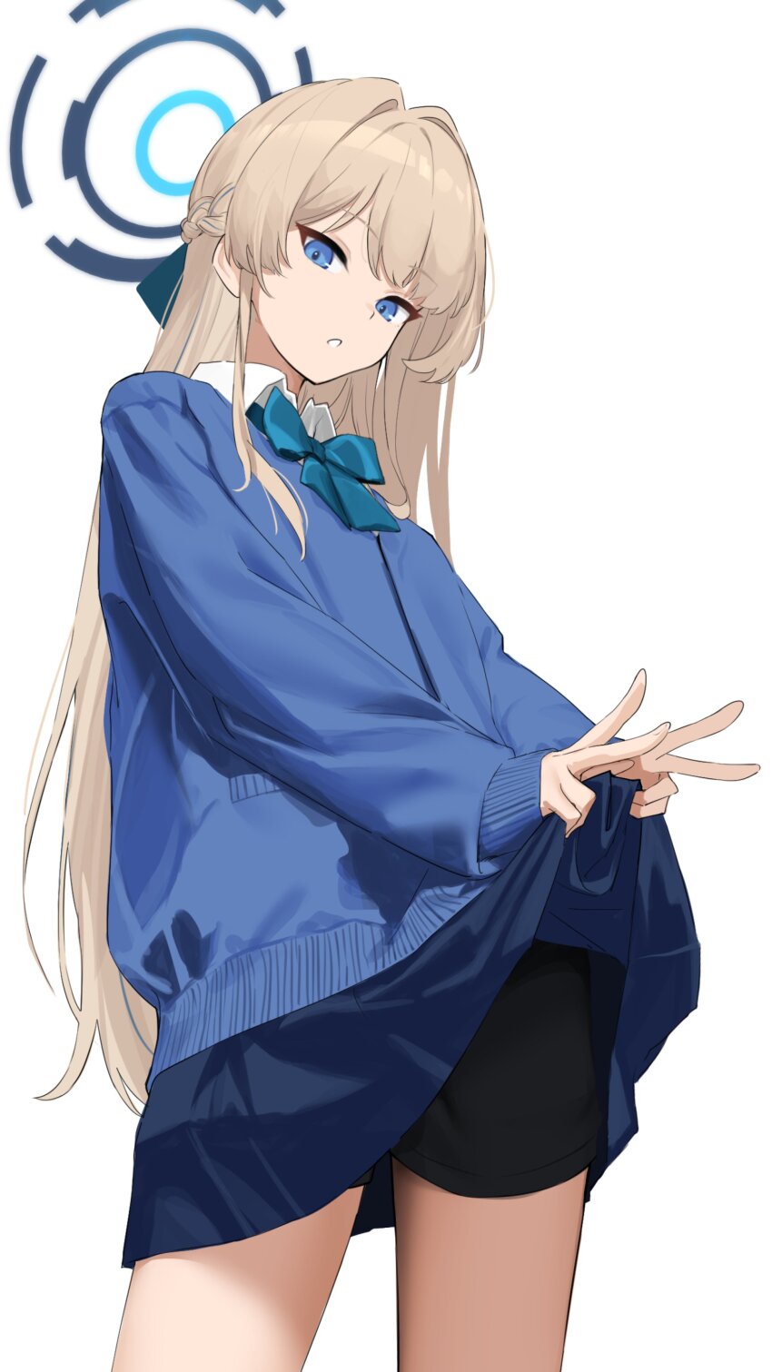 1girl absurdres black_shorts blonde_hair blue_archive blue_bow blue_cardigan blue_eyes blue_skirt bow braid cardigan clothes_lift double_v highres long_hair looking_at_viewer official_alternate_costume official_alternate_hairstyle oregano_(olgn_eao) parted_lips shirt shorts shorts_under_skirt sidelocks skirt skirt_lift sleeves_past_wrists solo toki_(blue_archive) toki_(school_uniform)_(blue_archive) v white_shirt