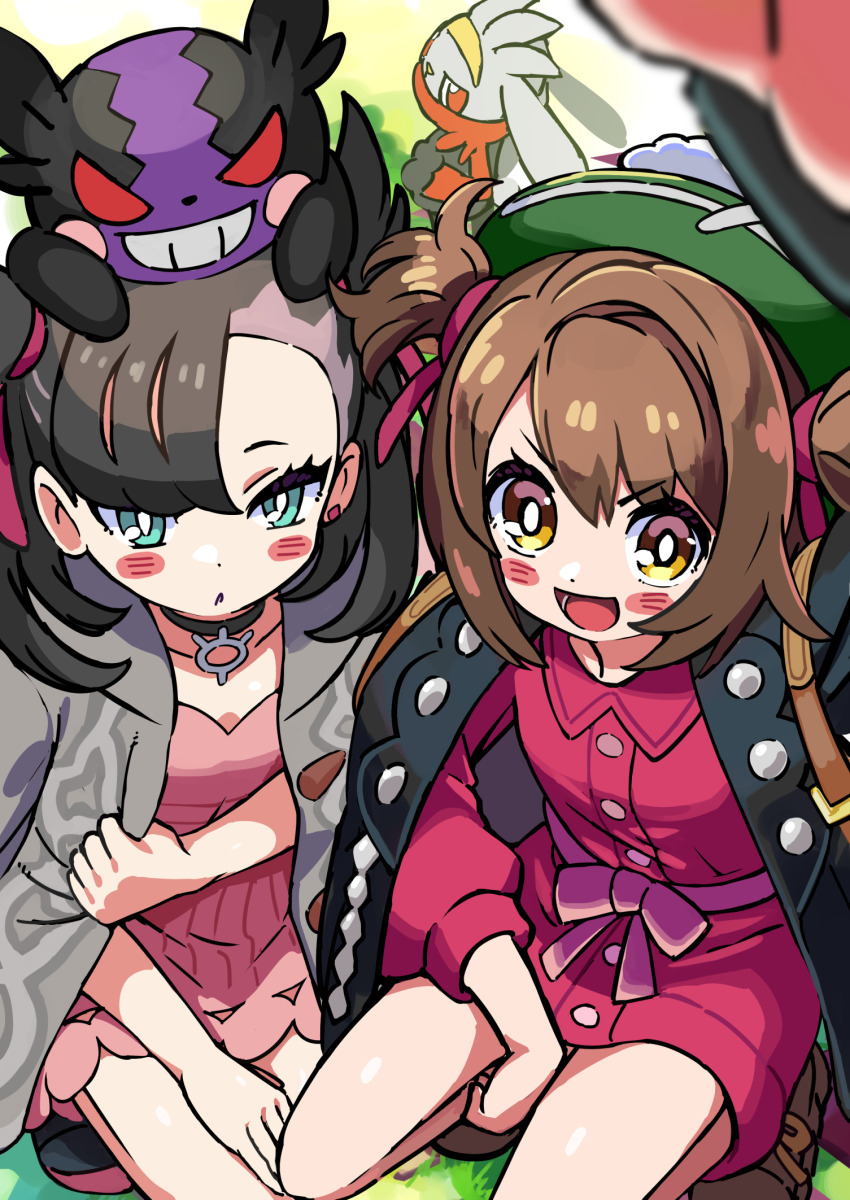 2girls :d arm_up asymmetrical_bangs black_hair black_jacket blurry blurry_foreground blush_stickers boots borrowed_clothes brown_footwear brown_hair buttons cable_knit cardigan collared_dress commentary_request day dress earrings gen_8_pokemon gloria_(pokemon) green_eyes green_headwear grey_cardigan hair_ribbon hat highres jacket jewelry kingin marnie_(pokemon) morpeko morpeko_(hangry) multiple_girls nintendo on_head open_clothes open_jacket open_mouth outdoors pink_dress pokemon pokemon_(creature) pokemon_on_head pokemon_swsh raboot ribbon short_hair smile squatting tam_o&#039;_shanter
