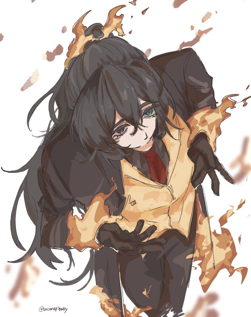 1boy baconepibaby black_coat black_eyes black_gloves black_hair black_shirt blue_eyes blurry blurry_background burning coat double-parted_bangs fire from_above gloves hair_between_eyes heterochromia high_ponytail highres hong_lu_(project_moon) limbus_company liu_association_south_uniform looking_at_viewer male_focus necktie orange_suit ponytail project_moon red_necktie shirt solo upper_body white_background
