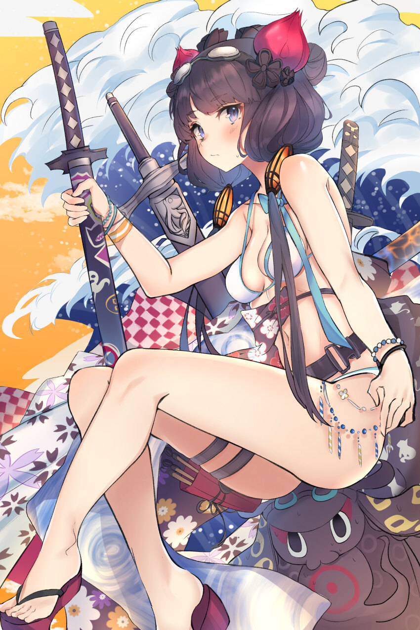1girl absurdres bare_shoulders bikini black_hair blue_eyes blush breasts cloud commentary fate/grand_order fate_(series) flower full_body glasses goggles goggles_on_head hair_bun hair_flower hair_ornament highres holding holding_sword holding_weapon katsushika_hokusai_(fate) katsushika_hokusai_(swimsuit_saber)_(fate) long_hair octopus pelvic_curtain sandals single_hair_bun small_breasts sweat swim_goggles swimsuit sword tokitarou_(fate) twintails water weapon white_bikini yanggang