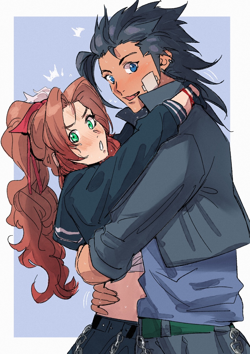 1boy 1girl ^^^ absurdres aerith_gainsborough aerith_gainsborough_(midgard_seventh_high_school) arms_around_neck bandaged_chest bandaid bandaid_on_cheek bandaid_on_face belt_chain black_hair black_jacket black_serafuku blue_eyes blue_shirt blush border brown_hair chain chest_sarashi commentary couple cropped_jacket ear_piercing earrings english_commentary fang final_fantasy final_fantasy_vii final_fantasy_vii_ever_crisis flower flying_sweatdrops from_side green_eyes hair_flower hair_ornament hair_ribbon height_difference high_ponytail highres hug jacket jewelry long_hair looking_at_viewer looking_to_the_side lumiaeria midriff official_alternate_costume open_clothes open_jacket outside_border parted_bangs parted_lips piercing ponytail red_ribbon ribbon sarashi school_uniform serafuku shirt spiked_hair surprised sweat upper_body white_border white_flower zack_fair zack_fair_(holiday_suit)