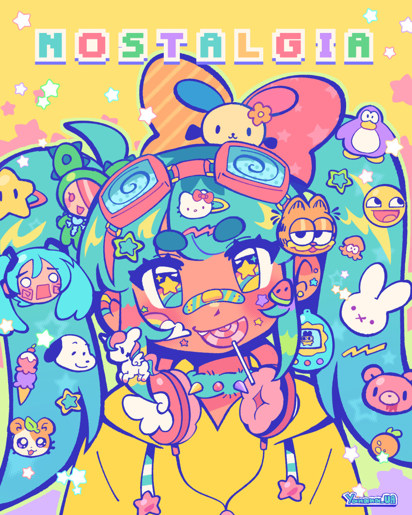 1girl absurdres annotation_request aqua_hair awesome_face cactus_friends cameo candy club_penguin colorful decora food garfield garfield_(character) gloomy_bear hachune_miku hamtaro hamtaro_(series) hatsune_miku heisei heisei_retro hello_kitty hello_kitty_(character) highres inkling itazuraguma_no_gloomy lollipop looking_at_viewer mametchi mario_(series) miffy miffy_(character) nintendo original peanuts_(comic) sandy_(cactus_friends) sanrio snoopy solo splatoon_(series) squid star-shaped_pupils star_(symbol) symbol-shaped_pupils tamagotchi tamagotchi_(classic) tamagotchi_(virtual_pet) tokidoki_(company) twintails unicorno usahana vocaloid yanana_ua