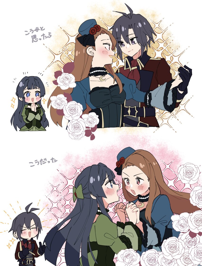3girls antenna_hair black_gloves black_hair blue_dress blue_eyes blue_hair blue_hat blush brown_hair choker dress floral_background flower frilled_choker frills gloves green_dress green_ribbon hat highres holding_hands idolmaster idolmaster_million_live! idolmaster_million_live!_theater_days kikuchi_makoto long_hair looking_at_another minase_iori mogami_shizuka multiple_girls multiple_views parted_bangs purple_eyes ribbon rose rurimomo_(ruripeach) sidelocks thumbs_up white_background yuri