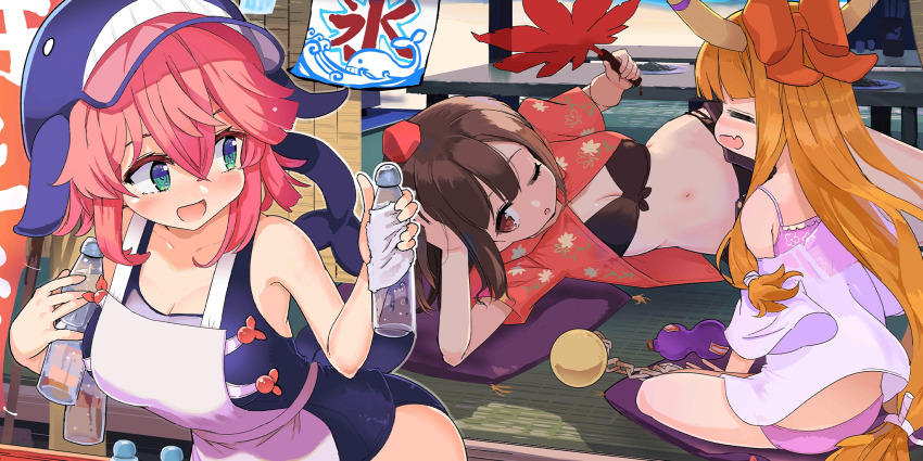 3girls alternate_costume apron ball_and_chain_restraint bikini black_bikini black_hair blue_one-piece_swimsuit bottle bow breasts brown_hair brown_horns cleavage closed_eyes commentary english_commentary fang game_cg gourd green_eyes hair_bow hand_on_own_head hat hauchiwa highres holding holding_bottle horn_ornament horn_ribbon horns ibuki_suika long_hair low-tied_long_hair lying multiple_girls no_wings official_art okunoda_miyoi on_side one-piece_swimsuit one_eye_closed oni open_clothes open_mouth open_shirt orange_hair pink_hair puuakachan red_bow red_eyes red_hat red_shirt ribbon shameimaru_aya shirt short_sleeves skin_fang swimsuit table third-party_source tokin_hat touhou touhou_lostword very_long_hair whale_hat