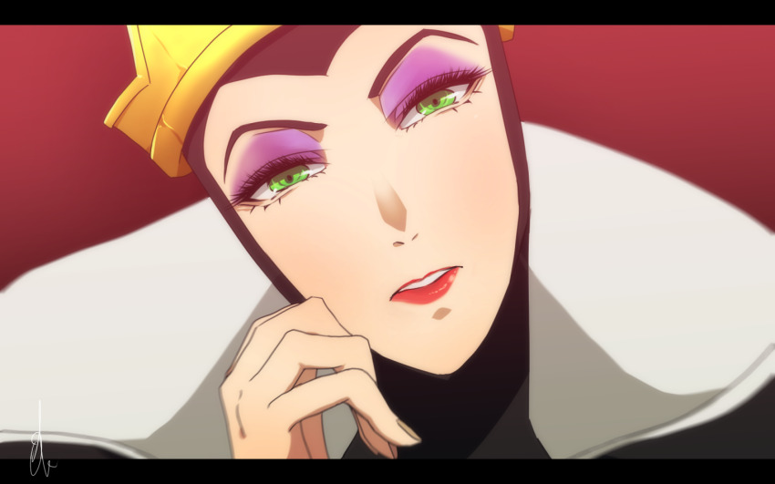 1girl animification cosplay crown fake_horns green_eyes horned_headwear horns lips lipstick looking_at_viewer makeup okoge1138 queen queen_grimhilde queen_grimhilde_(cosplay) red_lips smile snow_white_and_the_seven_dwarfs_(disney) solo wimple