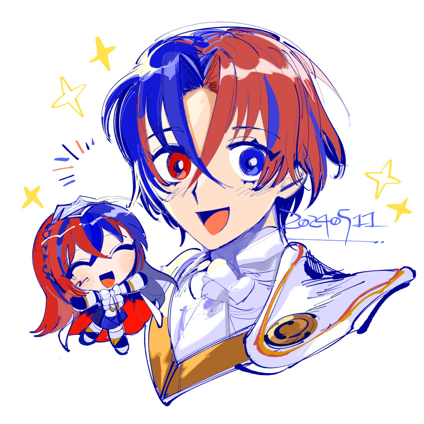 1boy 1girl absurdres alear_(female)_(fire_emblem) alear_(fire_emblem) alear_(male)_(fire_emblem) blue_eyes blue_hair chibi crossed_bangs fire_emblem fire_emblem_engage hair_between_eyes heterochromia highres looking_at_viewer mochako_(motyako_1005) multicolored_hair nintendo red_eyes red_hair smile solo_focus split-color_hair two-tone_hair