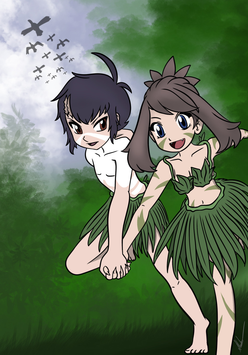 1boy 1girl ahoge armpit_crease barefoot bikini black_hair blue_eyes bodypaint brendan_(pokemon) brown_hair collarbone couple eyelashes fangs feet feet_up fingernails flat_chest full_body gen_3_pokemon grass_skirt happy heel_up highres holding_hands jungle knees leaf_bikini legs looking_ahead looking_at_another may_(pokemon) medium_hair midriff nature navel neck nintendo no_bra no_male_underwear no_panties official_alternate_costume open_mouth outdoors outstretched_arms pokemon pokemon_adventures red_eyes revealing_clothes running shadao sharp_fingernails sharp_toenails short_hair sidelocks sky swept_bangs thighs toenails toes tomboy topknot topless_male tree wingull