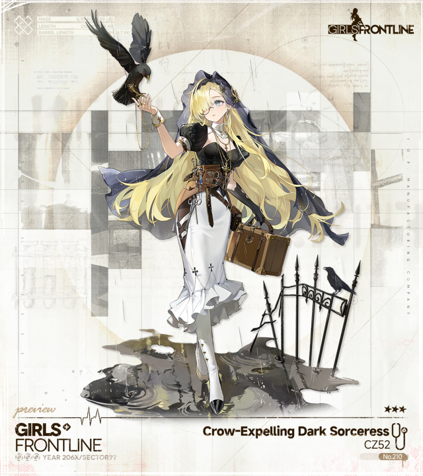 1girl asymmetrical_footwear belt_pouch bird black_corset black_gloves black_sleeves black_veil blonde_hair blue_eyes boots breasts brown_bag character_request closed_mouth collar commentary copyright_name corset cross cross_necklace crow cz52_(crow-expelling_dark_sorceress)_(girls&#039;_frontline) cz52_(girls&#039;_frontline) detached_collar earrings elbow_gloves english_commentary fence full_body girls&#039;_frontline gloves hair_over_one_eye hand_up highres holding holding_suitcase iron_fence jewelry knee_boots large_breasts long_hair long_skirt looking_at_animal looking_to_the_side mole mole_under_eye monocle multiple_necklaces necklace official_alternate_costume official_art pouch promotional_art prosthesis prosthetic_leg puddle rain second-party_source side_slit single_earring single_glove single_wrist_cuff skirt solo standing star_(symbol) stethoscope suitcase surgical_scissors syringe tool_belt veil very_long_hair waist_bag white_boots white_collar white_skirt white_wrist_cuffs wrist_cuffs xiao_chichi