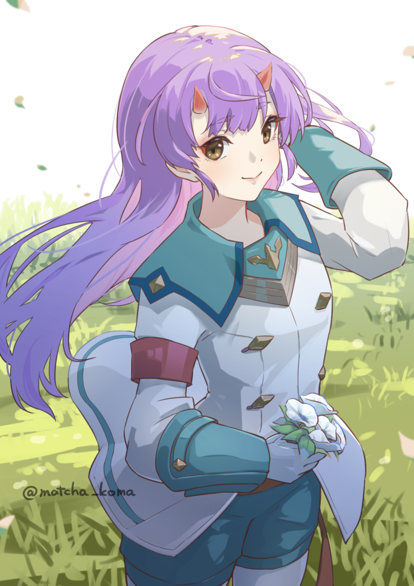1girl alternate_hairstyle artist_name closed_mouth coat commentary_request eyeshadow fiona_(xenoblade) flower hair_down highres horns long_hair makeup on_grass purple_hair red_eyeshadow solo standing twitter_username white_coat white_flower xenoblade_chronicles_(series) xenoblade_chronicles_3 yanagimachi yellow_eyes