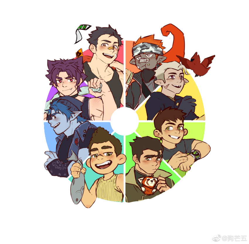 6+boys absurdres animal animal_in_clothes arknights avatar_legends bara barley_lightfoot ben_10 ben_tennyson black_hair black_tank_top blue_hair blue_skin blush bolin camouflage camouflage_headwear character_request color_connection color_coordination color_wheel_challenge colored_skin crossover eating ethan_(arknights) facial_hair fang fang_out fire_ferret fish freckles goatee_stubble gou_mangwu green_eyes headband highres holding holding_animal holding_fish looking_at_viewer male_focus multiple_boys multiple_crossover multiple_drawing_challenge official_alternate_costume onward pointy_ears puckered_lips scar short_hair shy stubble tank_top the_legend_of_korra thick_eyebrows