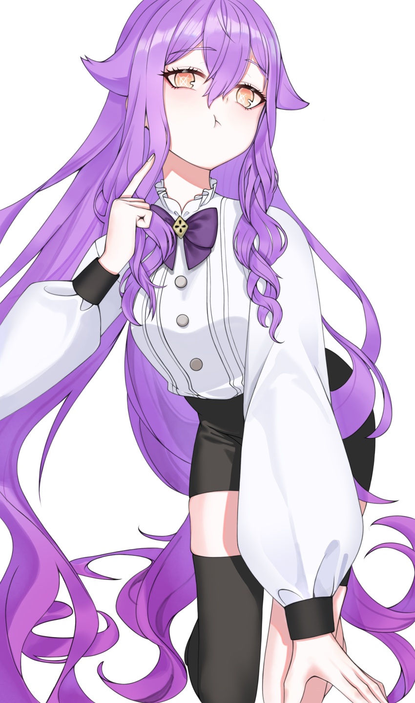 1girl absurdres black_skirt black_sleeve_cuffs black_thighhighs bow bowtie commentary feet_out_of_frame heart high-waist_skirt highres honkai_(series) honkai_impact_3rd leaning_forward long_hair long_sleeves pencil_skirt pointing pointing_at_self puffy_cheeks puffy_long_sleeves puffy_sleeves purple_bow purple_bowtie purple_hair shirt simple_background sirin sirin_(magic_academy_uniform) sirin_(miracle_magical_girl) skirt solo symbol-shaped_pupils thighhighs very_long_hair white_background white_shirt x-shaped_pupils yellow_eyes you_x0o_47