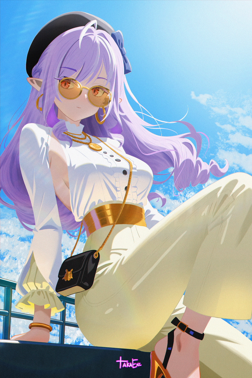 1girl absurdres ahoge alternate_costume artist_name bag beret black_bag black_hat blue_bow blue_sky bow bracelet breasts center_frills closed_mouth cloud cloudy_sky commentary day diamond-shaped_pupils diamond_(shape) drill_hair drill_sidelocks earrings english_commentary frilled_sleeves frills gold_necklace hair_bow hat highres hoop_earrings jewelry leg_up long_hair medium_breasts mole mole_under_eye necklace outdoors pants pendant pointy_ears purple_hair red_eyes round_eyewear shirt shrug_(clothing) sideboob sidelocks sitting sky solo srtaka sunglasses symbol-shaped_pupils tinted_eyewear vivian_banshee white_pants white_shirt white_shrug yellow-framed_eyewear yellow-tinted_eyewear zenless_zone_zero