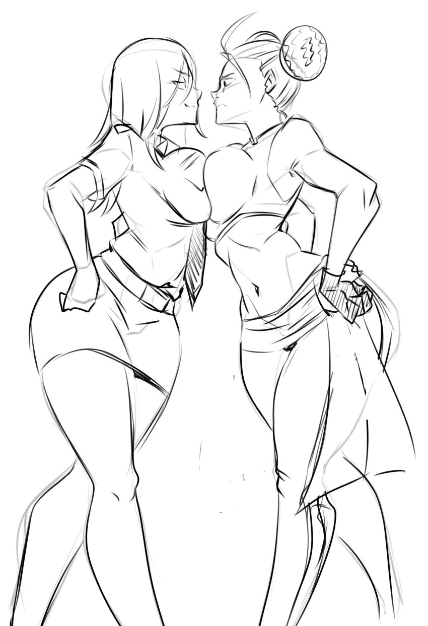 2girls brown_eyes brown_hair date_makiko digimon digimon_story:_cyber_sleuth fei_wong_tomoe_ignacio hand_on_own_hip highres medium_hair multiple_girls necktie patoman000 police police_uniform policewoman simple_background sketch unfinished white_background