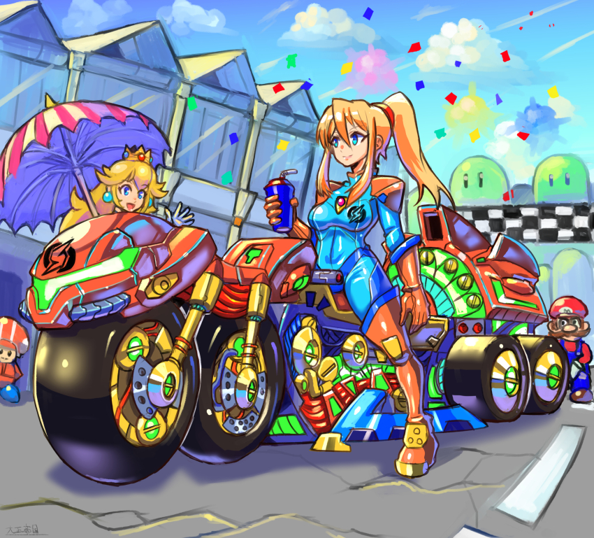 2boys 2girls alternate_costume angry armor blonde_hair blue_eyes blue_sky boots breasts car cloud cloudy_sky confetti crossover crown cup earrings facial_hair gloves hat highres jewelry large_breasts long_hair looking_at_another mario mario_(series) mario_kart mecha_pilot_suit metroid motor_vehicle multiple_boys multiple_girls mustache nintendo oomasa_teikoku overalls parasol plastic_cup plugsuit_(evangelion) ponytail princess_peach salute samus_aran sky smile spread_legs straw toad toad_(mario) umbrella wheels