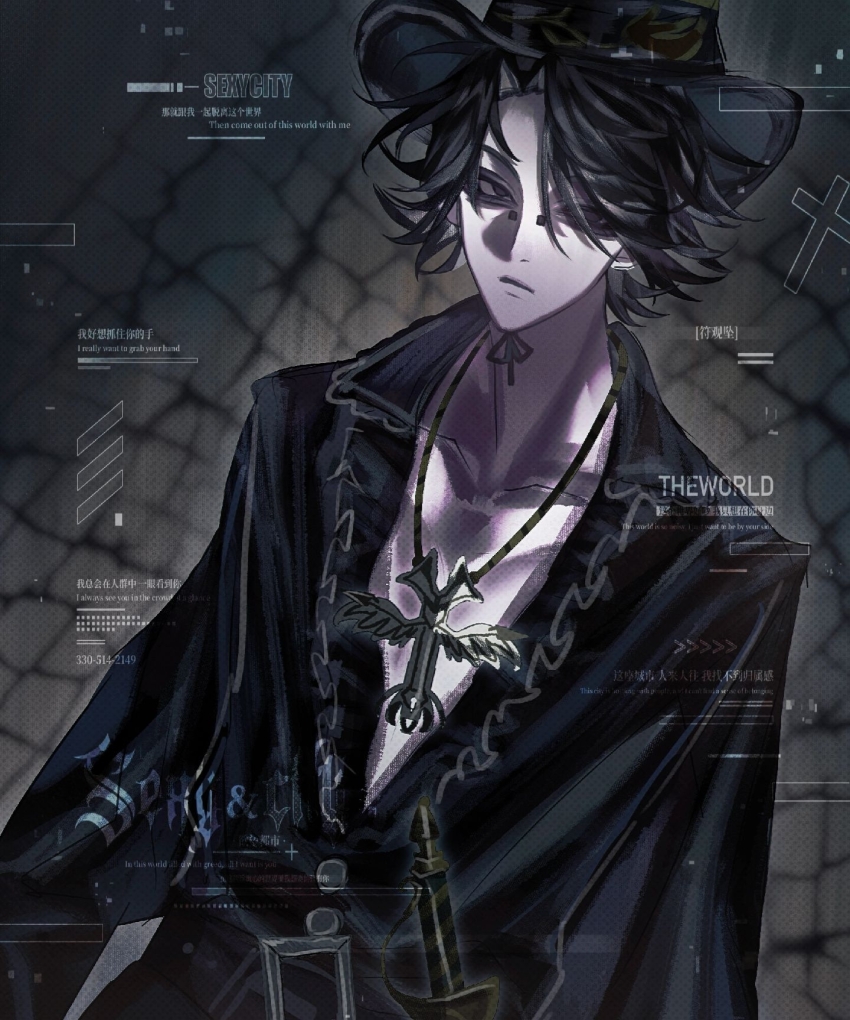 1boy black_eyes black_hair black_hat black_shirt bridge_piercing chinese_commentary collarbone commentary_request curtained_hair face_piercing frills grey_background hat highres identity_v jewelry long_sleeves male_focus moyu_shuang necklace norton_campbell norton_campbell_(the_black_tulip) nose_piercing piercing shirt short_hair solo too_many_watermarks upper_body watermark