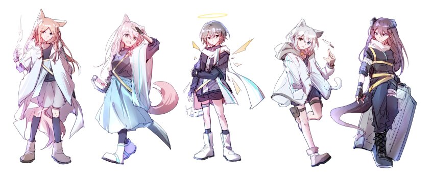 5girls animal_ears arknights bang_dream! bang_dream!_it&#039;s_mygo!!!!! bell black_boots black_choker black_gloves black_pants black_shirt black_shorts black_socks blue_eyes blue_skirt boots border brown_eyes brown_hair brown_shoes cat_ears cat_girl cat_tail character_request chihaya_anon chinese_commentary choker closed_mouth coat commentary_request dagger detached_wings dragon_horns dragon_tail fang fingerless_gloves fox_ears fox_girl fox_tail full_body gloves grey_eyes grey_hair grey_skirt hair_between_eyes halo heterochromia hibioes highres holding holding_own_hair holding_sword holding_weapon horns jacket kaname_raana kemonomimi_mode kneehighs knife multiple_girls mygo!!!!!_(bang_dream!) nagasaki_soyo neck_bell open_mouth pants pink_hair purple_eyes raana_the_cat shield shiina_taki shirt shoes short_hair shorts sim simple_background skirt socks standing sword tail takamatsu_tomori teeth thigh_strap upper_teeth_only weapon white_background white_border white_coat white_hair white_jacket white_shoes wings wolf_ears wolf_girl wolf_tail yellow_eyes