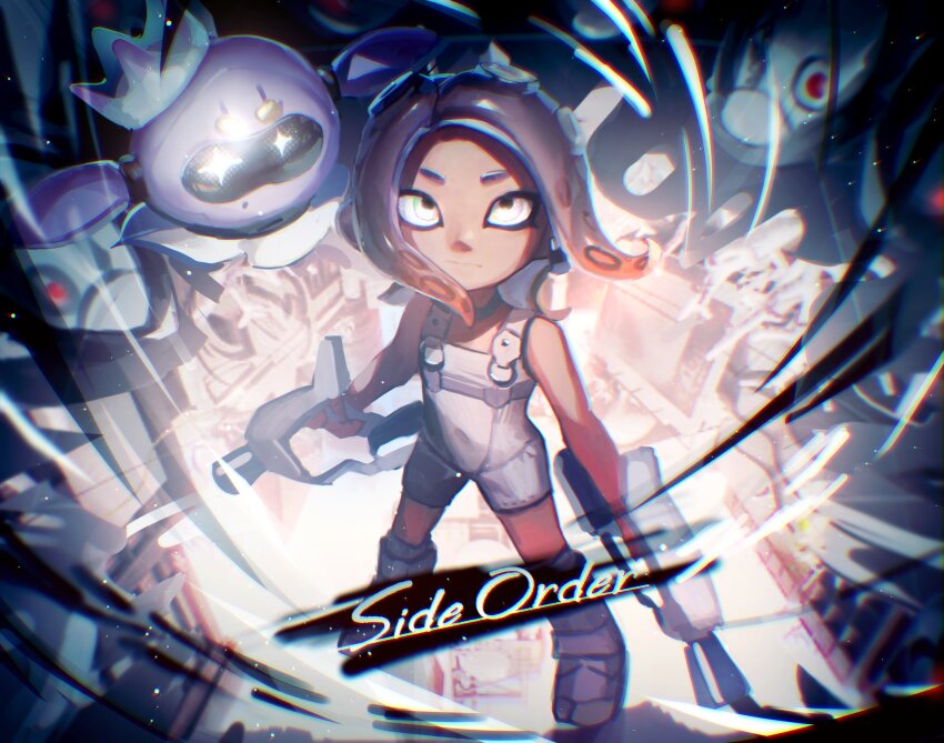 1girl absurdres agent_8_(splatoon) bare_shoulders black_choker bodysuit boots brown_hair choker chromatic_aberration closed_mouth copyright_name covered_navel crown dual_wielding earrings flat_chest full_body gradient_hair grey_hair highres holding holding_weapon jelleton jewelry medium_hair multicolored_hair nintendo no_(13_10_1230) non-humanoid_robot octoling_girl octoling_player_character order_dualies_(splatoon) parted_bangs pearl_(splatoon) pearl_drone_(splatoon) robot single_earring sleeveless sleeveless_bodysuit splatoon_(series) splatoon_3 splatoon_3:_side_order standing suction_cups surrounded tentacle_hair two-tone_hair weapon white_bodysuit white_crown white_eyes white_footwear