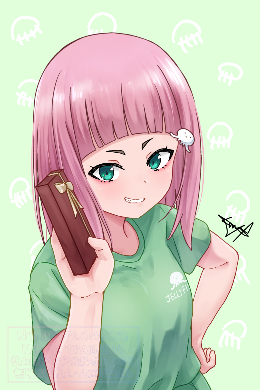 1girl absurdres clenched_teeth commentary english_commentary green_background green_shirt hand_on_own_hip highres jellyfish_hair_ornament medium_hair mutsuki_(mutsuki0110) open_mouth pink_hair shirt solo teeth valentine watase_kiui yoru_no_kurage_wa_oyogenai