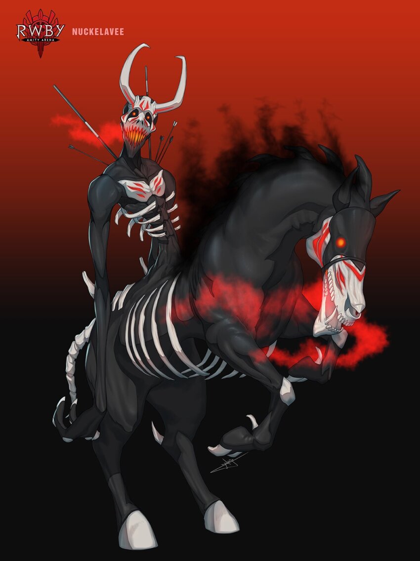 arrow_(projectile) arrow_in_body black_background bone_tail character_name claws commentary copyright_logo copyright_name english_commentary fangs full_body glowing glowing_eyes glowing_mouth gradient_background grimm_(rwby) highres hooves horns long_arms monster no_humans nuckelavee_(rwby) official_art open_mouth red_background red_eyes ribs rwby signature smoke uyalago