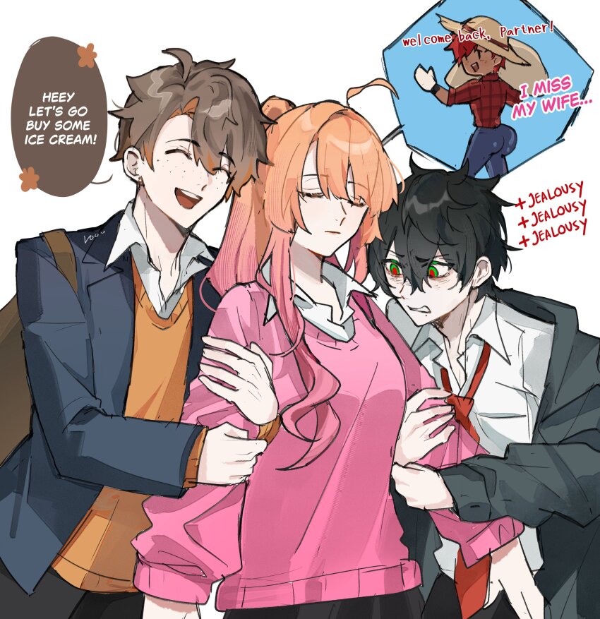 1girl 3boys absurdres alex_(degrees_of_lewdity) alex_(male)_(degrees_of_lewdity) black_hair black_jacket blonde_hair brown_hair closed_eyes collared_shirt defnotalvoo96 degrees_of_lewdity english_text gradient_hair green_eyes highres jacket kylar_(degrees_of_lewdity) kylar_(male)_(degrees_of_lewdity) long_hair multicolored_hair multiple_boys necktie open_clothes open_jacket open_mouth orange_sweater pink_hair pink_sweater player_character_(degrees_of_lewdity) player_character_(female)_(degrees_of_lewdity) red_necktie red_pupils robin_(degrees_of_lewdity) robin_(male)_(degrees_of_lewdity) shirt short_hair simple_background speech_bubble sweater teeth two-tone_hair upper_teeth_only white_background white_shirt