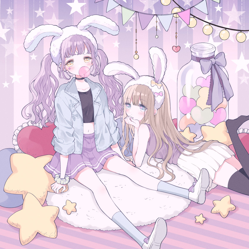2girls absurdres animal_ear_hairband animal_ears black_shirt black_thighhighs blowing_bubble_gum blowing_bubbles blue_eyes blue_jacket blue_socks bow brown_hair bunting chewing_gum commentary fake_animal_ears fur_hairband green_scrunchie hairband hand_on_own_chin heart heart-shaped_pillow highres jacket lapels long_hair long_sleeves lying miniskirt multiple_girls navel no_shoes notched_lapels on_stomach open_clothes open_jacket original pillow pink_bow pleated_skirt purple_shirt purple_skirt rabbit_ear_hairband rabbit_ears scrunchie shirt shoes sitting skirt sleeveless sleeveless_shirt socks star-shaped_pillow star_(symbol) star_sticker sticker_on_face symbol-only_commentary tareme thighhighs ting_(tingiiio) twintails white_hairband white_shoes white_skirt wrist_scrunchie yellow_bow yellow_eyes yume_kawaii