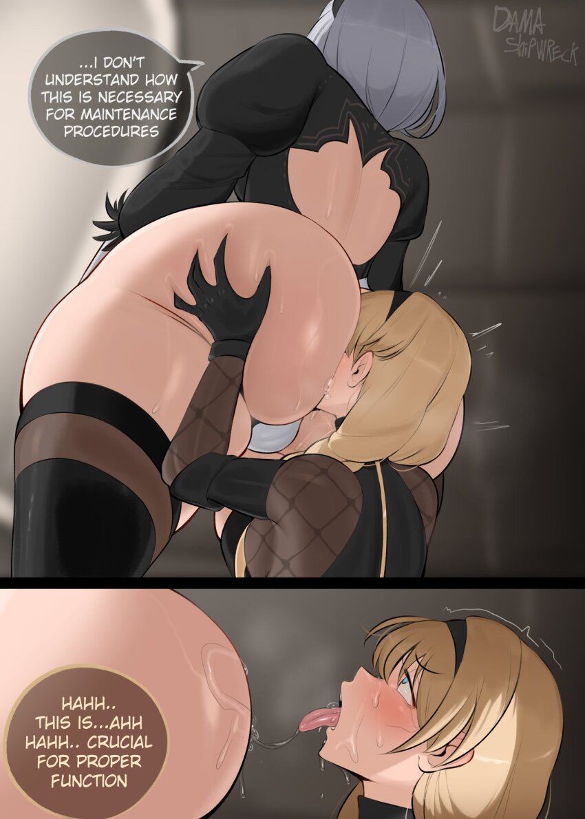 2b_(nier:automata) 2girls anilingus ass blonde_hair blue_eyes blush braid breasts clothed_sex dama_shipwreck english_text female_focus grabbing_another&#039;s_ass grabbing_from_behind groping hair_ornament huge_ass medium_breasts medium_hair multiple_girls nier:automata nier_(series) open_mouth saliva saliva_trail speech_bubble sweat thought_bubble tongue tongue_out twin_braids twintails white_hair yuri