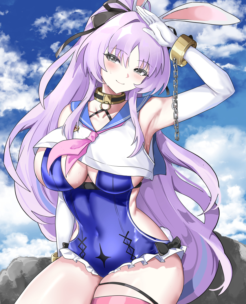 1girl absurdres animal_ears arm_up armpits black_bow black_ribbon blue_one-piece_swimsuit blue_sailor_collar blush bow bow_swimsuit breasts chain cleavage closed_mouth cloud collarbone commentary covered_navel crop_top cuffs day elbow_gloves english_commentary frilled_one-piece_swimsuit frills gloves gold_collar grey_eyes hair_between_eyes hair_intakes hair_ribbon head_tilt highres large_breasts looking_at_viewer neckerchief one-piece_swimsuit outdoors pink_neckerchief purple_hair rabbit_ears ribbon rock sailor_collar sailor_one-piece_swimsuit shackles shia_(stella_sora) sideboob sitting smile solo star_(symbol) stella_sora swimsuit swimsuit_under_clothes thigh_strap thighs tian_kazuki white_gloves white_trim