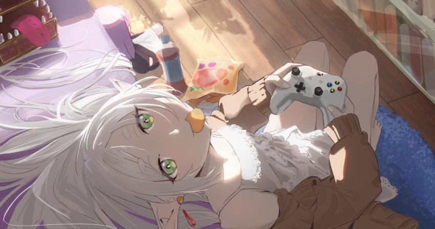 1girl alternate_costume bag_of_chips bare_shoulders barefoot book bookshelf bottle brown_sweater chips_(food) commentary_request controller dress earrings eating elf food frieren from_above game_controller green_eyes highres indoors jewelry long_hair looking_at_viewer mat off_shoulder onetail parted_bangs pointy_ears potato_chips sleeves_past_wrists snack solo sousou_no_frieren sweater teardrop_earrings teeth thick_eyebrows tongue tongue_out treasure_chest white_dress white_hair wooden_floor xbox_controller