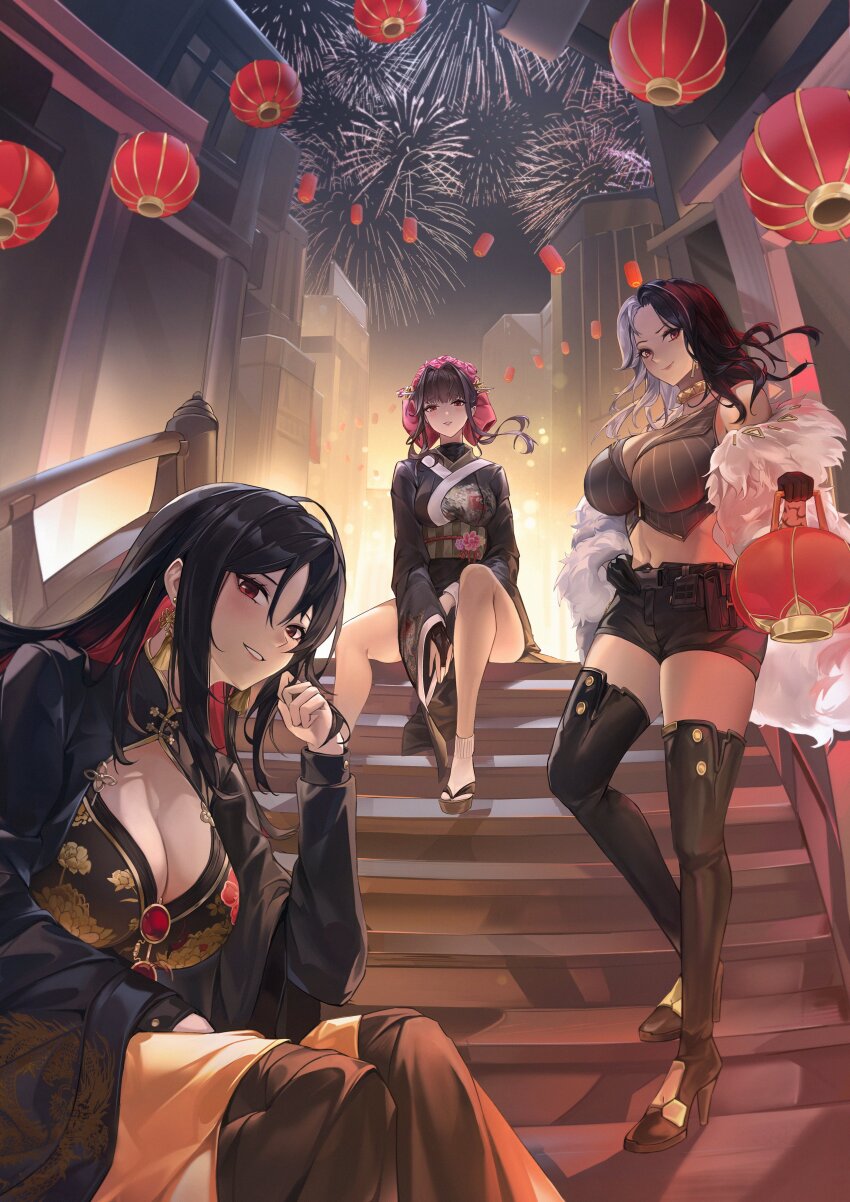 3girls absurdres bare_shoulders black_footwear black_gloves black_hair black_shorts boots breasts cleavage closed_mouth commentary english_commentary eru_(eru_illust) fireworks gloves goddess_of_victory:_nikke hair_ornament high_heel_boots high_heels highres holding holding_lantern lantern large_breasts long_hair long_sleeves looking_at_viewer moran_(nikke) multicolored_hair multiple_girls navel outdoors parted_lips red_eyes rosanna_(nikke) sakura_(nikke) short_shorts shorts sitting smile standing thigh_boots thighs two-tone_hair underworld_queen_(nikke) white_hair