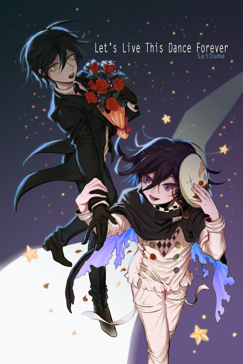 2boys 2cao ahoge alternate_costume bishounen black_cape black_gloves black_hair black_necktie blush bouquet cape checkered_clothes checkered_scarf clown_mask commentary danganronpa_(series) danganronpa_v3:_killing_harmony english_text eyelashes flipped_hair flower formal_clothes from_above gloves hair_between_eyes highres holding holding_bouquet holding_hands holding_mask long_sleeves looking_at_viewer male_focus mask medium_hair multiple_boys necktie oma_kokichi open_mouth pants purple_eyes purple_hair red_flower red_rose rose saihara_shuichi scarf short_hair star_(symbol) surprised tailcoat thigh_strap two-tone_scarf walking yaoi yellow_eyes