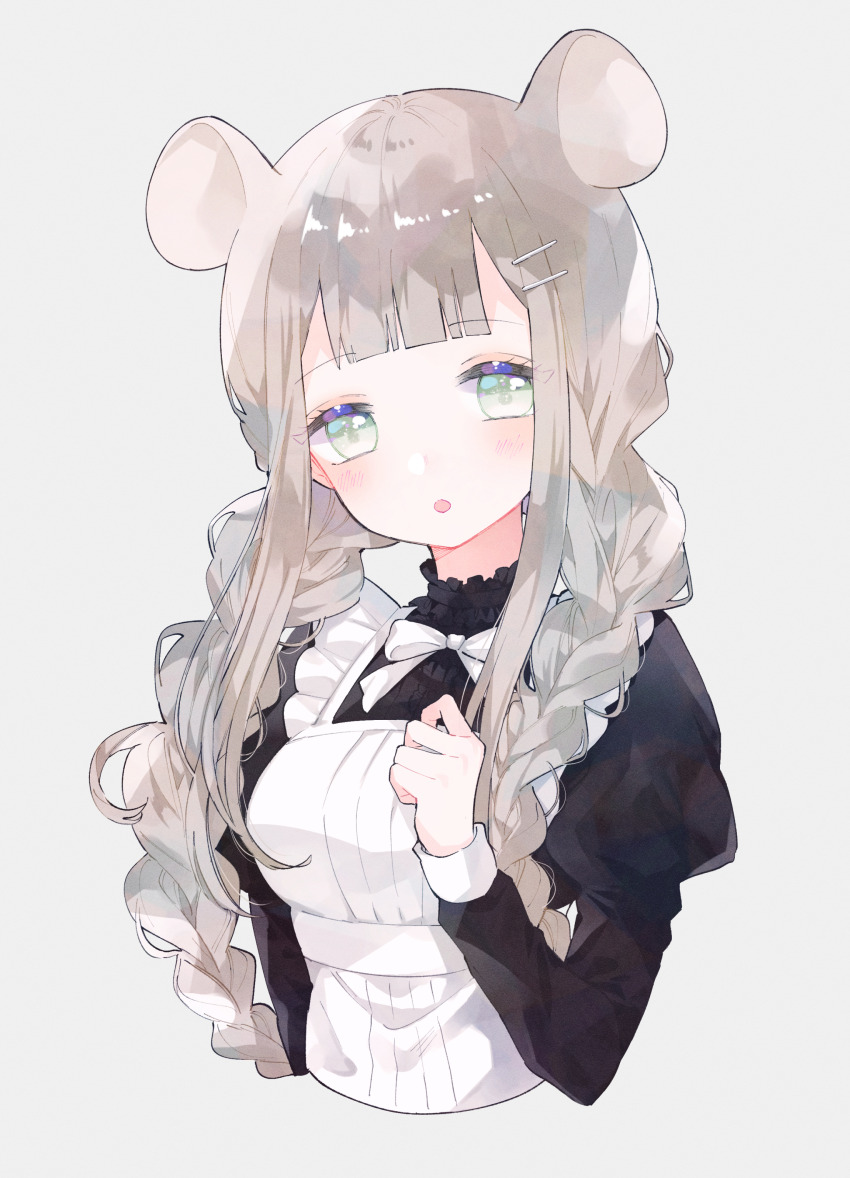1girl absurdres animal_ears apron black_shirt blush bow bowtie braid brown_hair commentary cropped_torso green_eyes grey_background hair_ornament hairclip hand_up highres juliet_sleeves long_hair long_sleeves maid mouse_ears open_mouth original puffy_sleeves shirt sidelocks simple_background symbol-only_commentary tareme ting_(tingiiio) twin_braids white_apron white_bow white_bowtie
