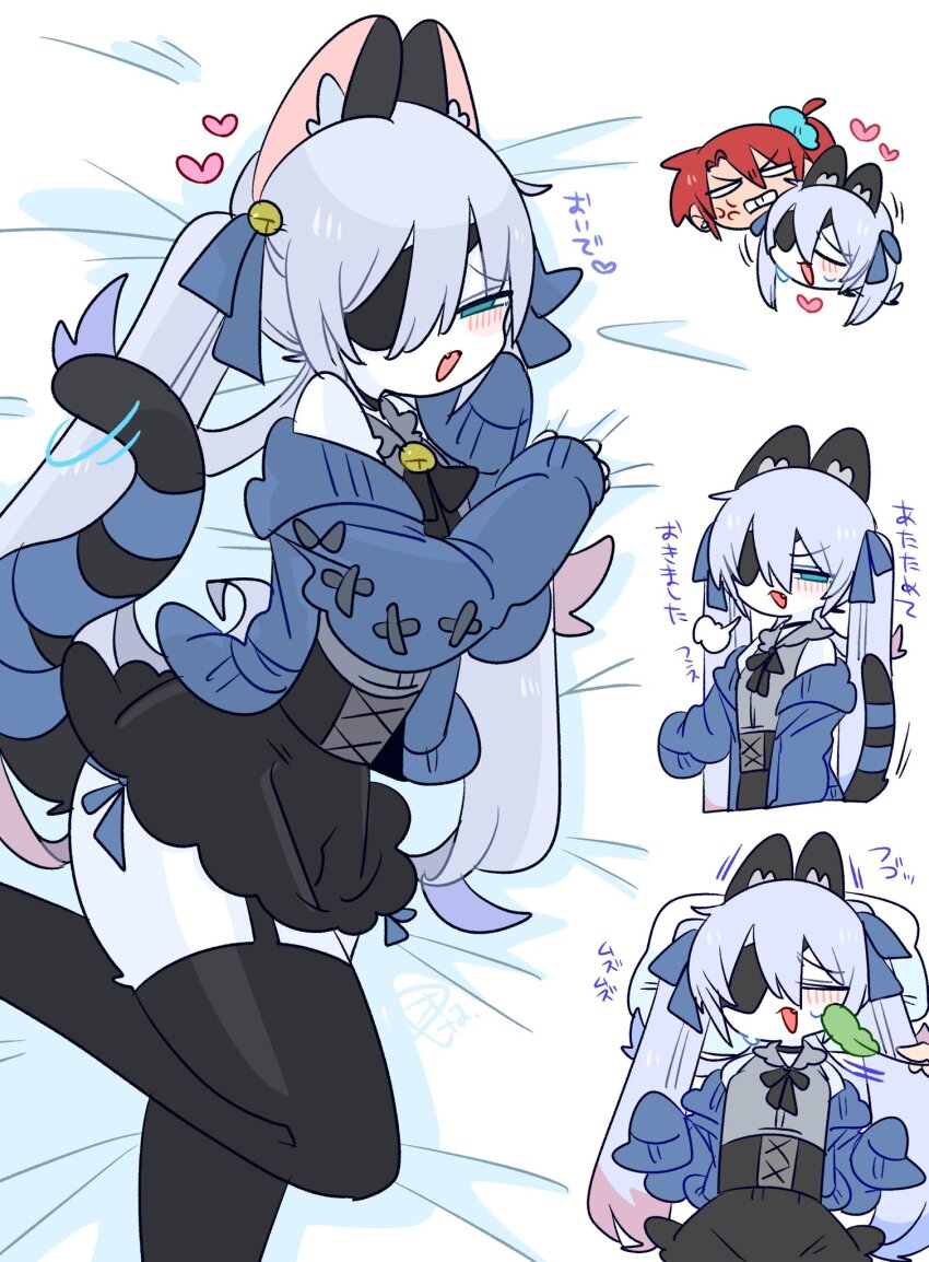 1boy 2boys anger_vein angry animal_ear_fluff animal_ears bare_shoulders bell black_corset black_ribbon black_skirt black_tail black_thighhighs blue_bow blue_eyes blue_hair blue_panties blue_ribbon blue_scrunchie bow bulge cardigan cat_boy cat_ears cat_tail cat_teaser closed_eyes collared_shirt colored_tips commentary corset cowboy_shot crossdressing crossdressing_(mtf) disembodied_hand double-parted_bangs eyepatch feet_out_of_frame flipped_hair frilled_shirt_collar frills from_above full_body furrification furry furry_male furry_with_non-furry garter_straps grey_shirt hair_bell hair_between_eyes hair_bow hair_ornament hand_up hands_up head_only heart highres interspecies jingle_bell long_hair long_sleeves looking_at_viewer lying male_focus miniskirt multicolored_hair multiple_boys multiple_views narrowed_eyes neck_bell neck_ribbon no_nose nuzzle off_shoulder on_side one_eye_covered one_side_up op_na_yarou open_cardigan open_clothes open_mouth original panties panty_peek puff_of_air quad_tails raised_inner_eyebrows red_hair ribbon rigel_(op_na_yarou) scrunchie shirt side-tie_panties sidelocks simple_background skirt sleeveless sleeveless_shirt sleeves_past_fingers sleeves_past_wrists straight_hair sweatdrop tail tail_ornament tail_ribbon thighhighs thighs tickling trap underwear upper_body v-shaped_eyebrows very_long_hair watermark white_background white_hair